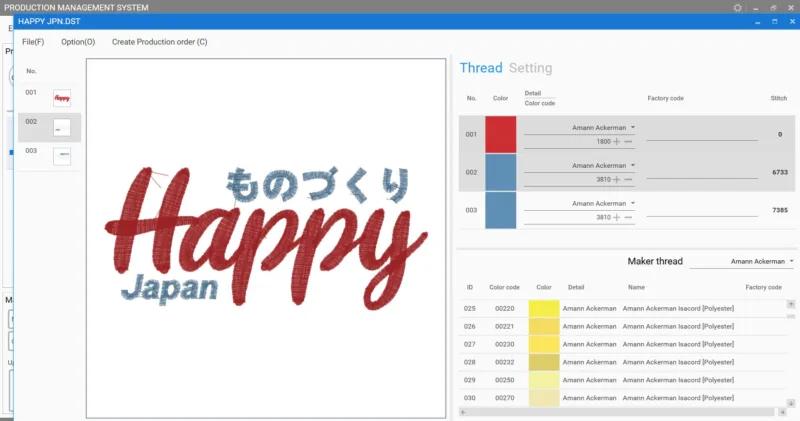 Program Happy PMS – okno programu z podglądem haftu i paletą kolorów.