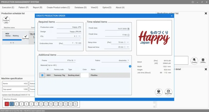 Program Happy PMS – okno ustawień połączenia z hafciarkami.